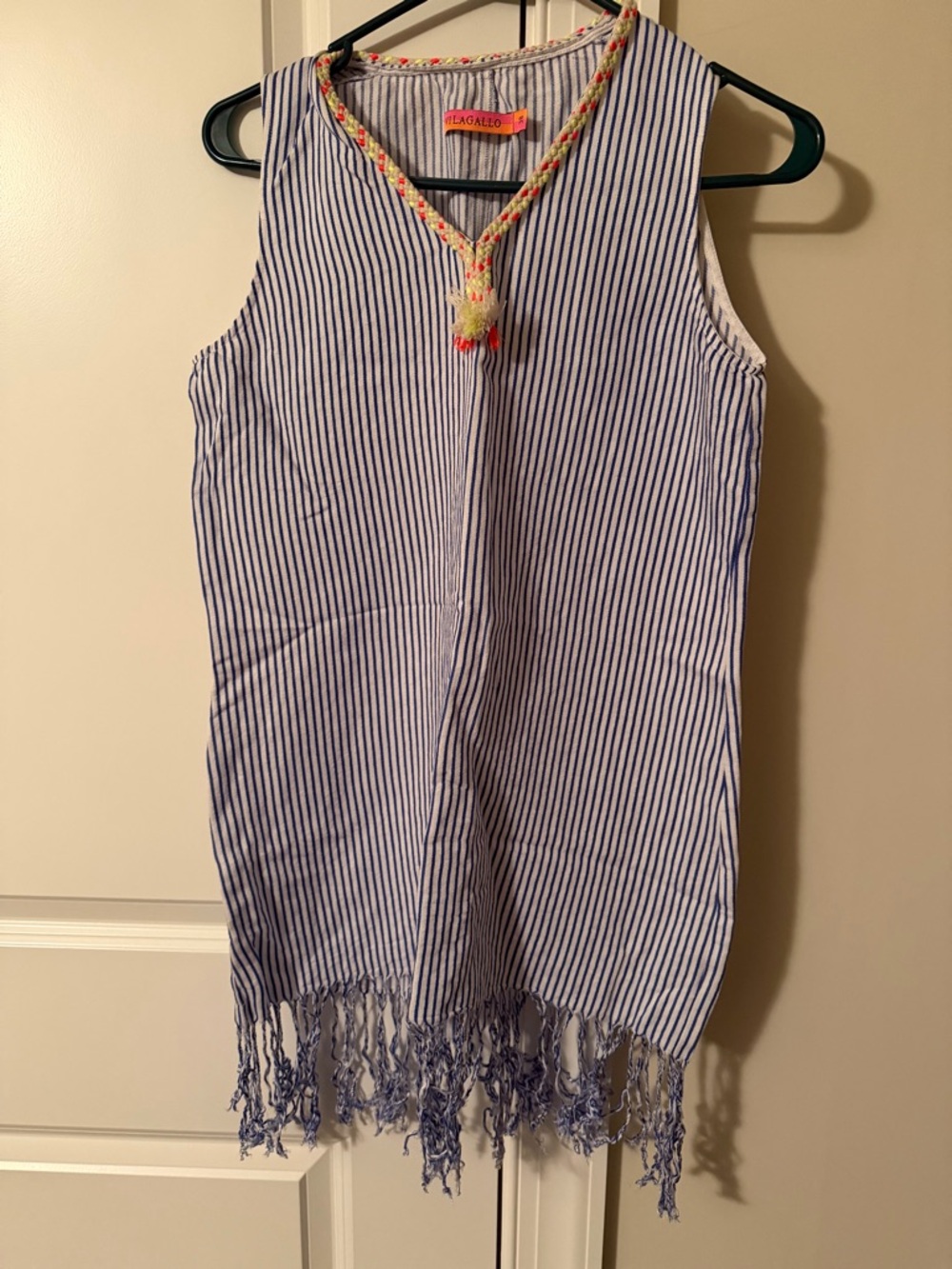 VILAGALLO Blue Stripe Viscose Linen IRIS Fringe Hem Mini Dress or coverup